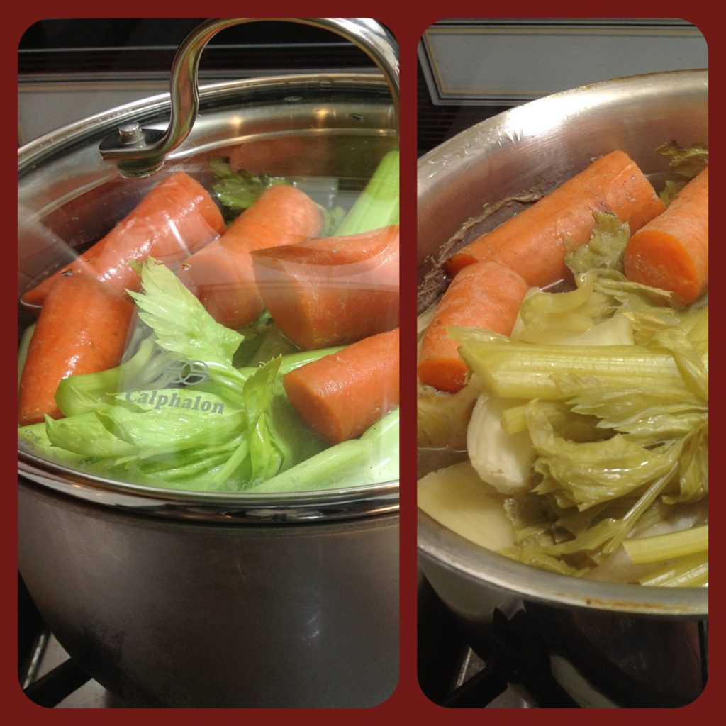 Veggies with the giblets, which are buried under the all those veggies, before and after simmering for 4 hours. 