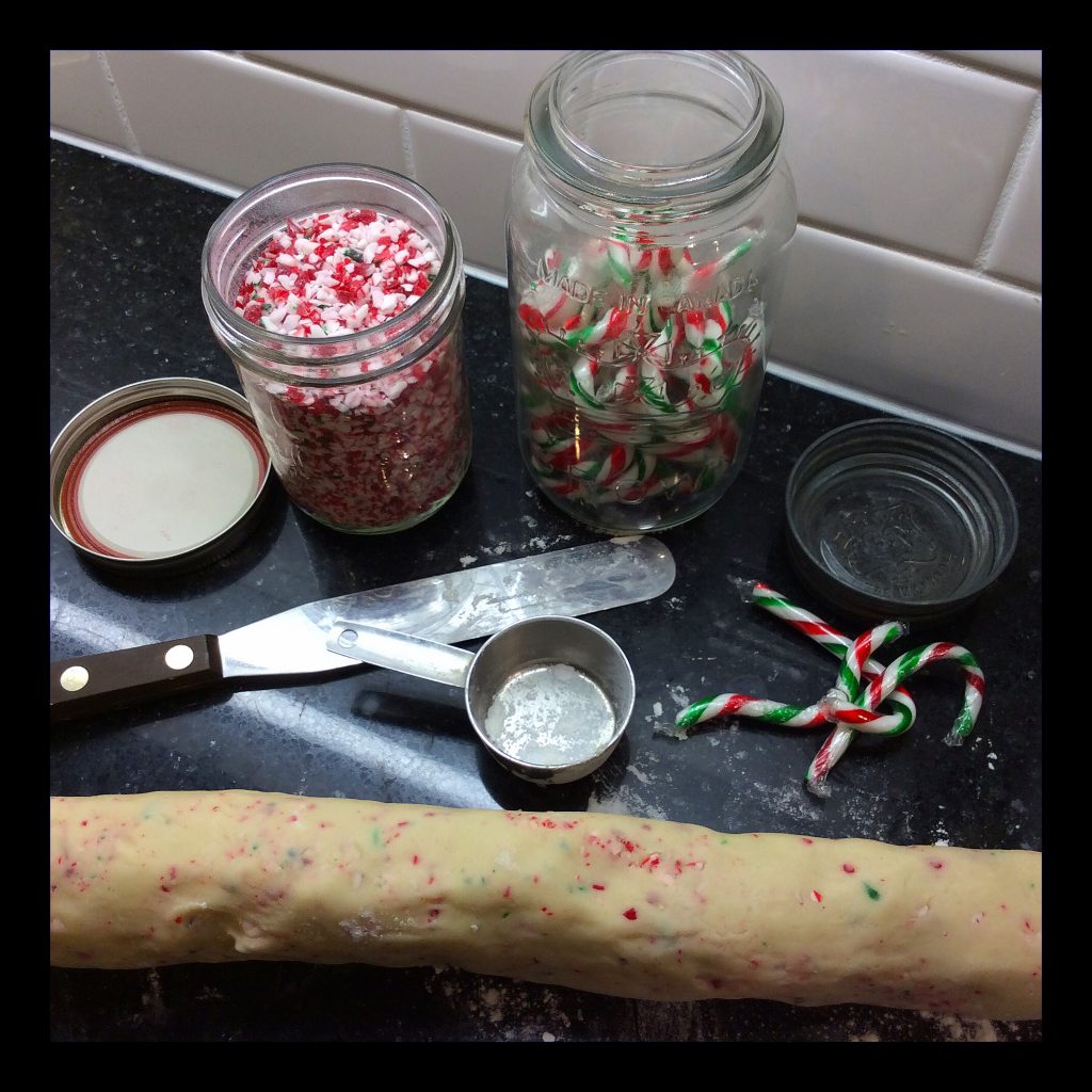 a roll of shortbread on a counter with candy canes in the background