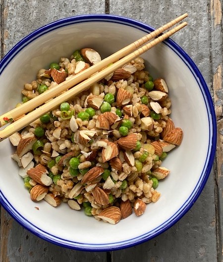 a summer salad with barley and almonds
