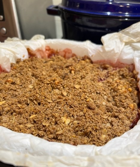 a rhubarb crisp warm out of the oven