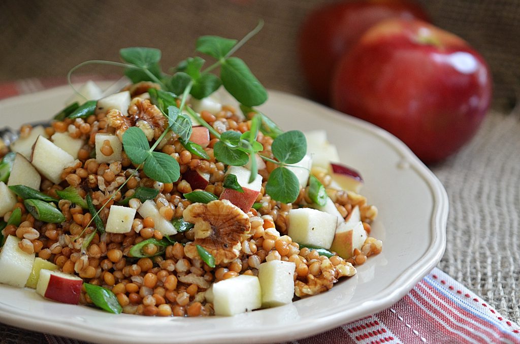 lentils, apples and wheatberries on a white bowl